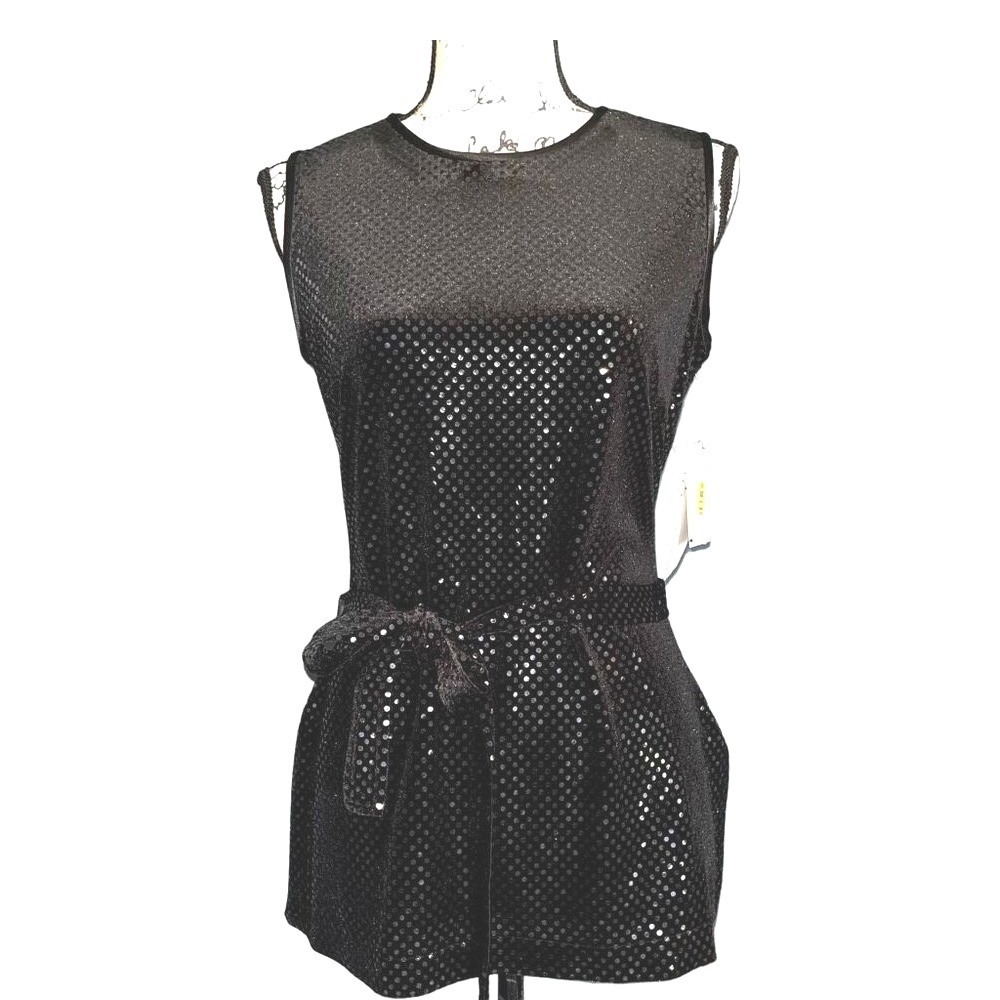 Dani Max Black Sequin Sleeveless Blouse with‎ Waist Tie Belt 4S56806 Size 6M